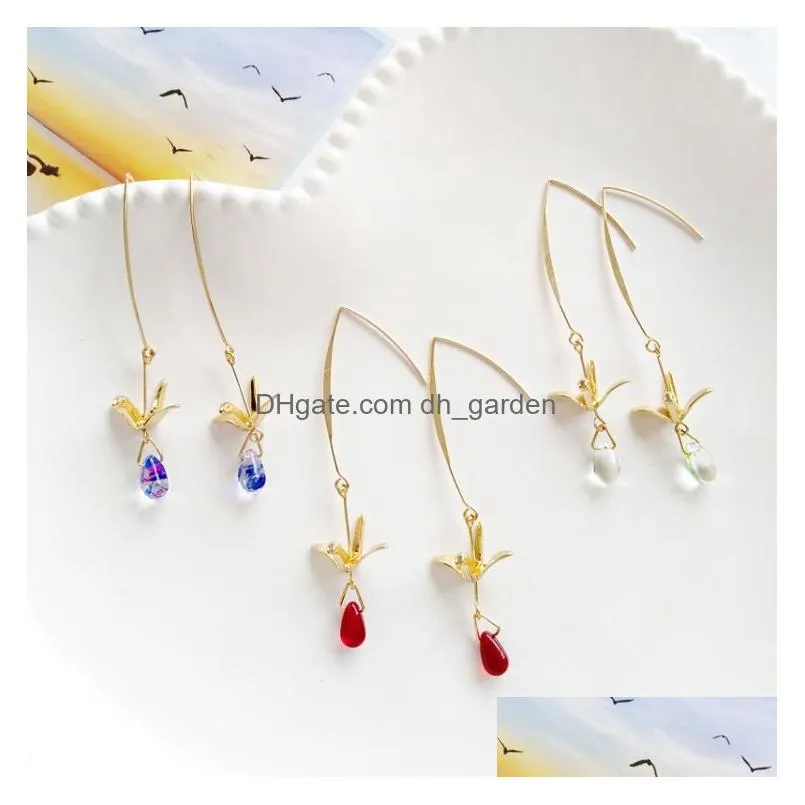 handmade crystal earrings little bird blue water drop long dangle earring with paper crane charm 2019 korean fashion wholesale