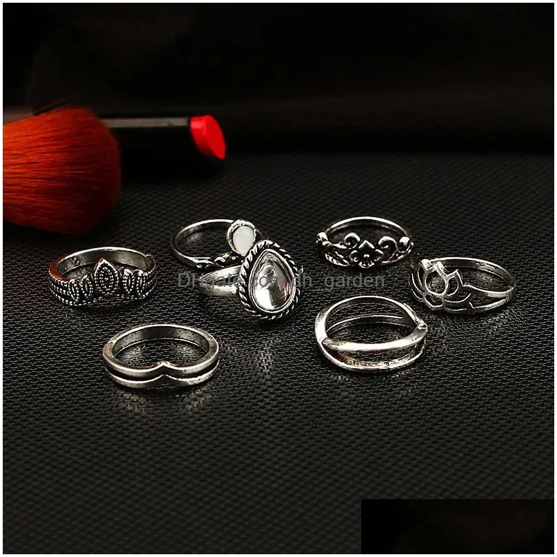 7pcs/set new arrival flower gemstone carved ring set antique silver plated vintage bohemian turkish fashion women accessories