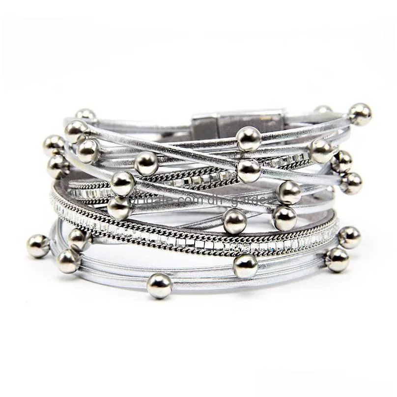casual personalized multilayer bead leather bracelets bangles wrap adjustable bracelet wristbands alloy bracelet with magnetic clasp