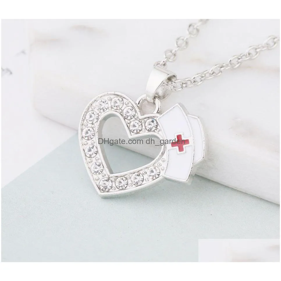 new fashion medical jewelry nurse cap charms crystal love heart pendant necklaces white enamel red cross sign medicine school students