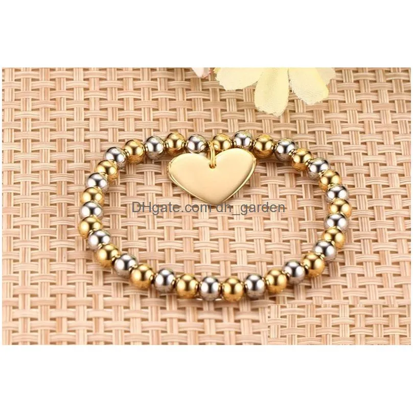 fashion gold silver 6mm bead bracelet for women with heart shape charm pendant barcelet stainless steel jewelry gift wholesaler