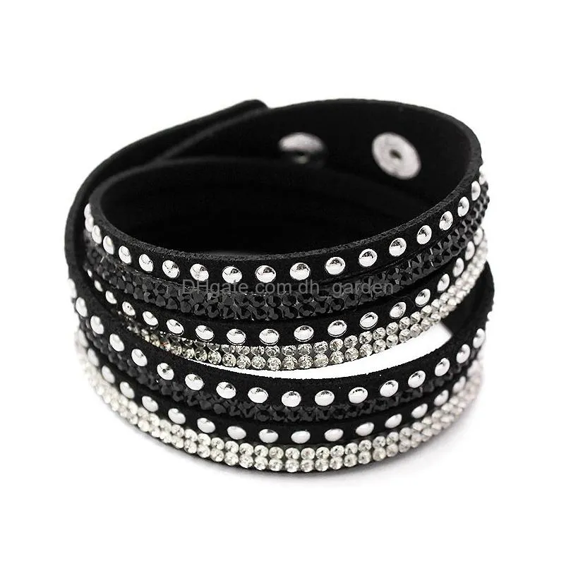 9 colors women full rhinestone cool leather wrap wristband cuff punk bracelet bangles fit party gift winding bracelet snap button