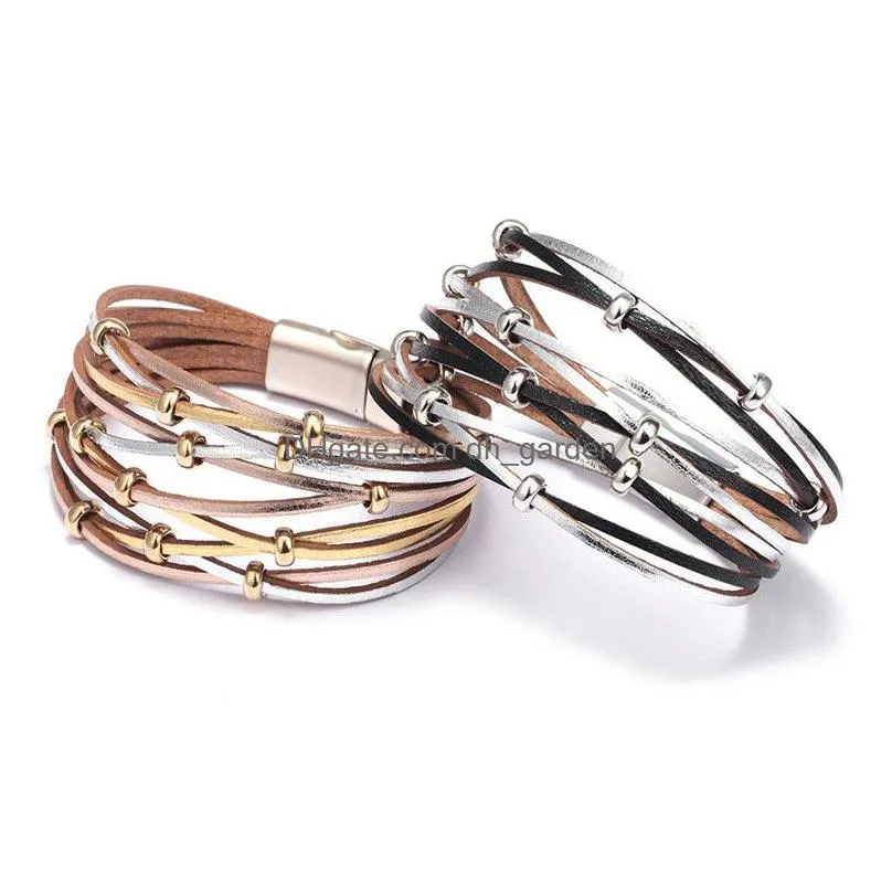 handmade gold silver beads leather bracelets for women men fashion multiple layers charm wrap bracelet bangle wholesale jewelry gift