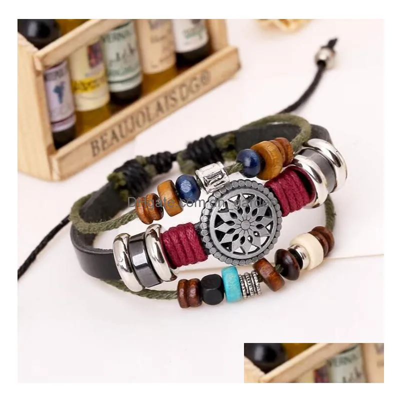 trendy multilayer leather bracelet sun charms beads braided bracelets for men women vintage punk wrap wristband jewelry wholesale