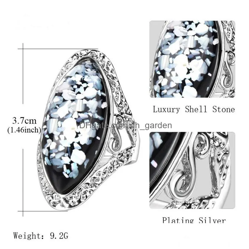 4 color vintage antique silver colorful big oval shell finger ring band ring for women female statement boho beach jewlery gift