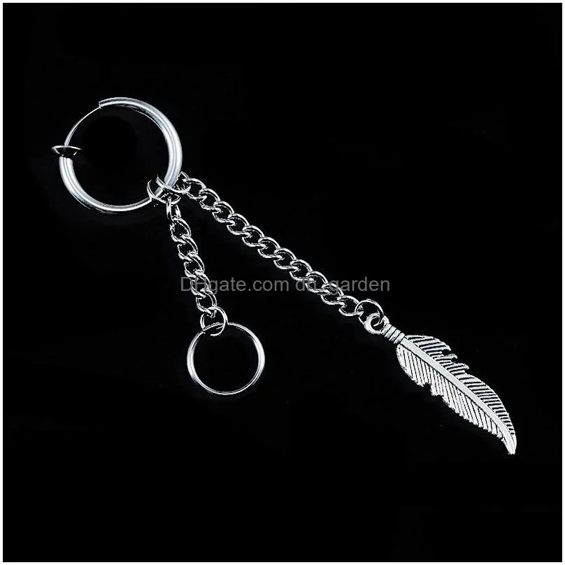 1pc feather tassel single earring long stainless steel chain tassel drop dangle ear clip cuff for men women girls punk style jewelry