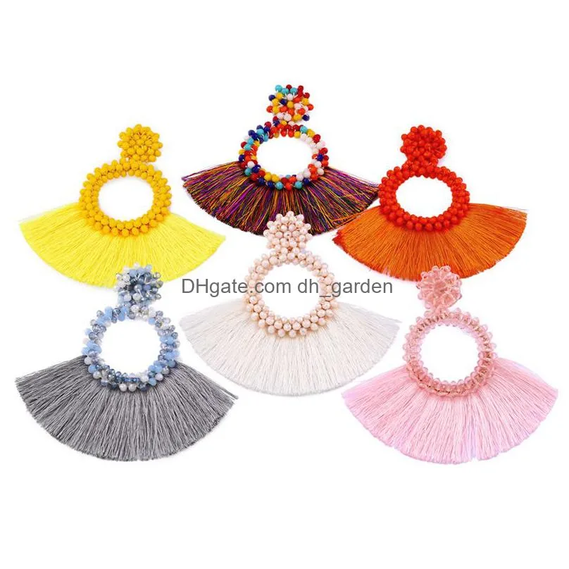 handmade tassel earrings circle fan shaped crystal beads dangle earrings for women big circle ear for women girls bohemian jewelry