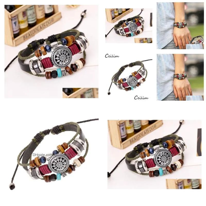 trendy multilayer leather bracelet sun charms beads braided bracelets for men women vintage punk wrap wristband jewelry wholesale