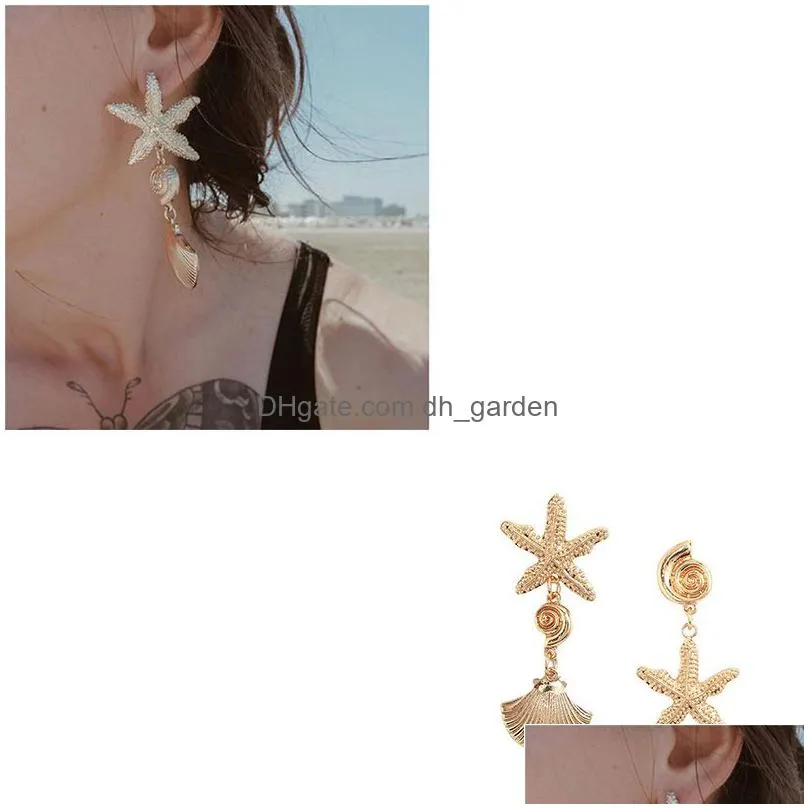 bohemian asymmetry shell dangle drop earrings for women party statement starfish shell earrings gold color metal summer bride jewelry