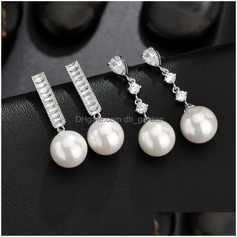 trendy cz imitation pearls dangle earrings for women pave cubic zircon dangle earring party gifts silver color jewelry bridesmaid gift