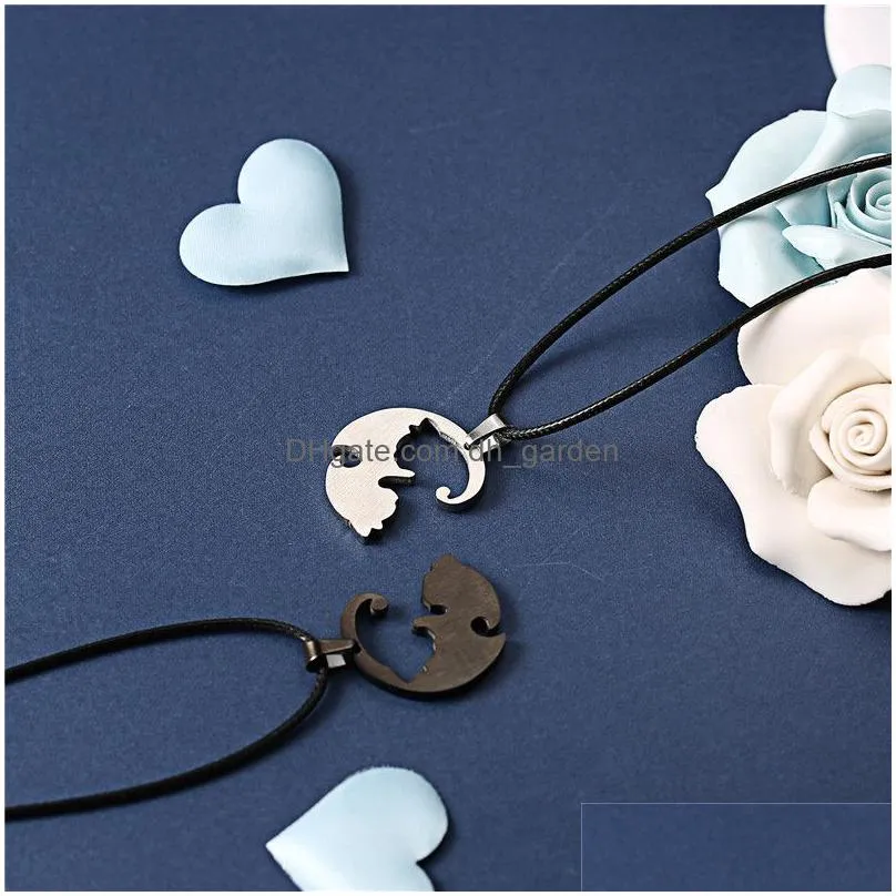 2018 new arrival couples jewelry necklaces black white couple necklace stainless steel animal cat pendants necklace for lover