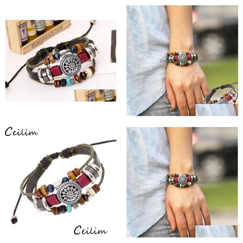 trendy multilayer leather bracelet sun charms beads braided bracelets for men women vintage punk wrap wristband jewelry wholesale