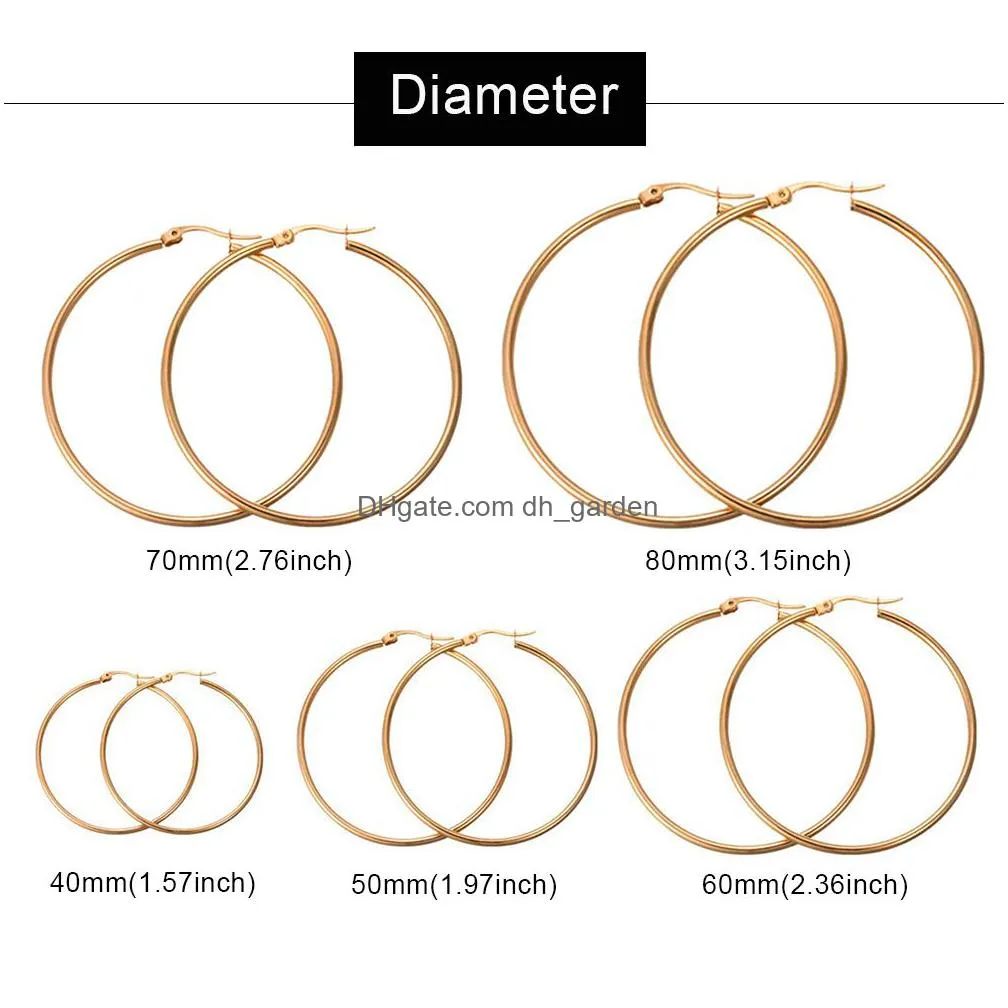 8 sizes big smooth circles hoop earrings for women statement stainless steel gold silver color round circle loop earring party gift hot