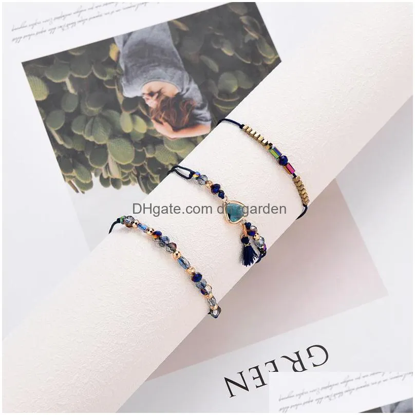 trendy transmit love 3pcs/lot wax bracelet for woman natural stone crystal rice beads woven bracelet with heart shape charm wholesale