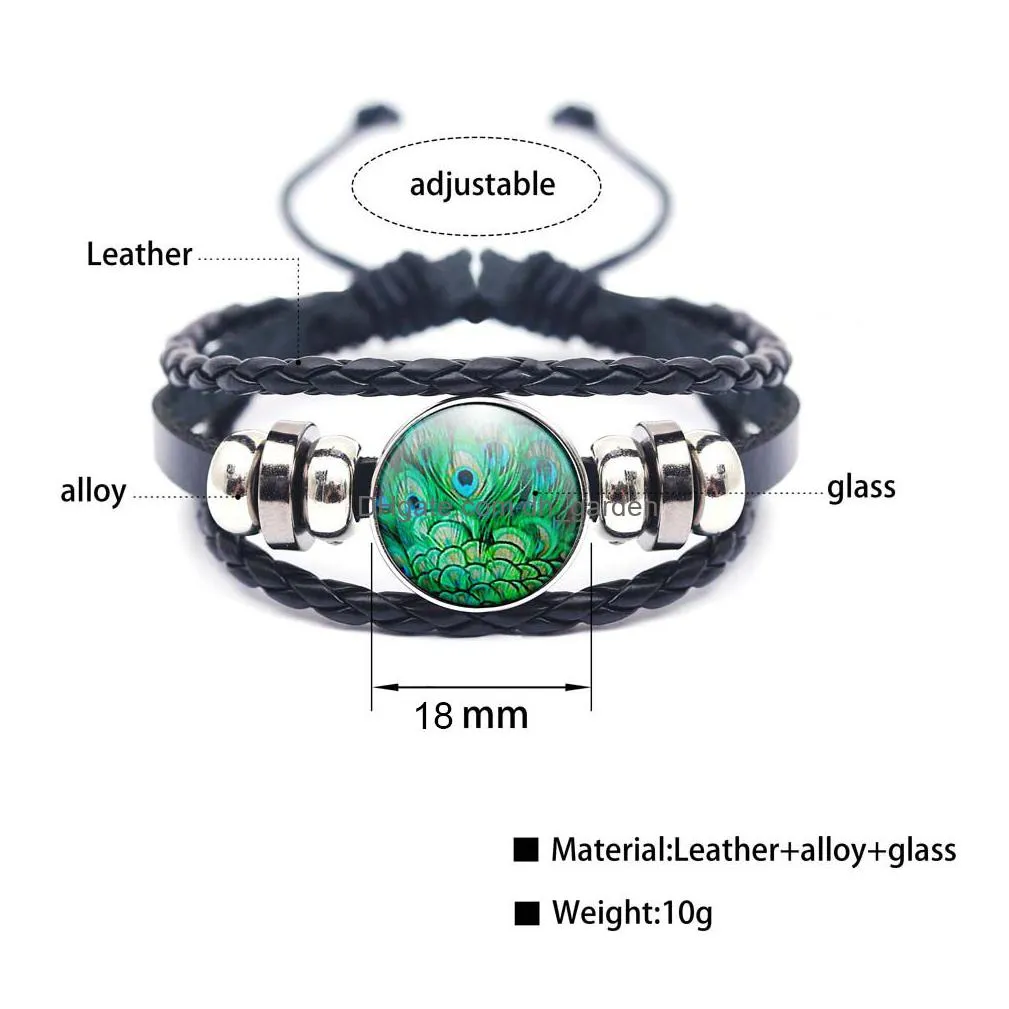 glass metal buckle charm handmade bracelet peacock feather women fashion jewelry black weave multilayer braided leather bracelet