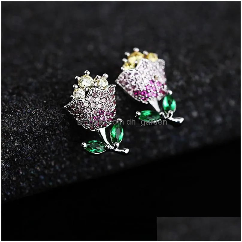 happiness flower women rose necklace earring 925 sterling silver cubic zirconia gold silver plated stud earring valentines day jewelry