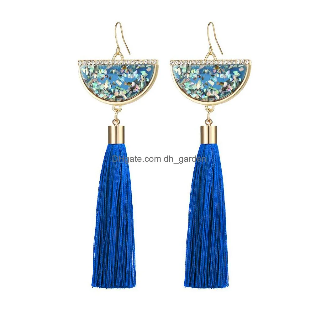 new bohemian crystal tassel earrings black white blue red green silk fabric long drop dangle tassels earrings for women jewelry gifts