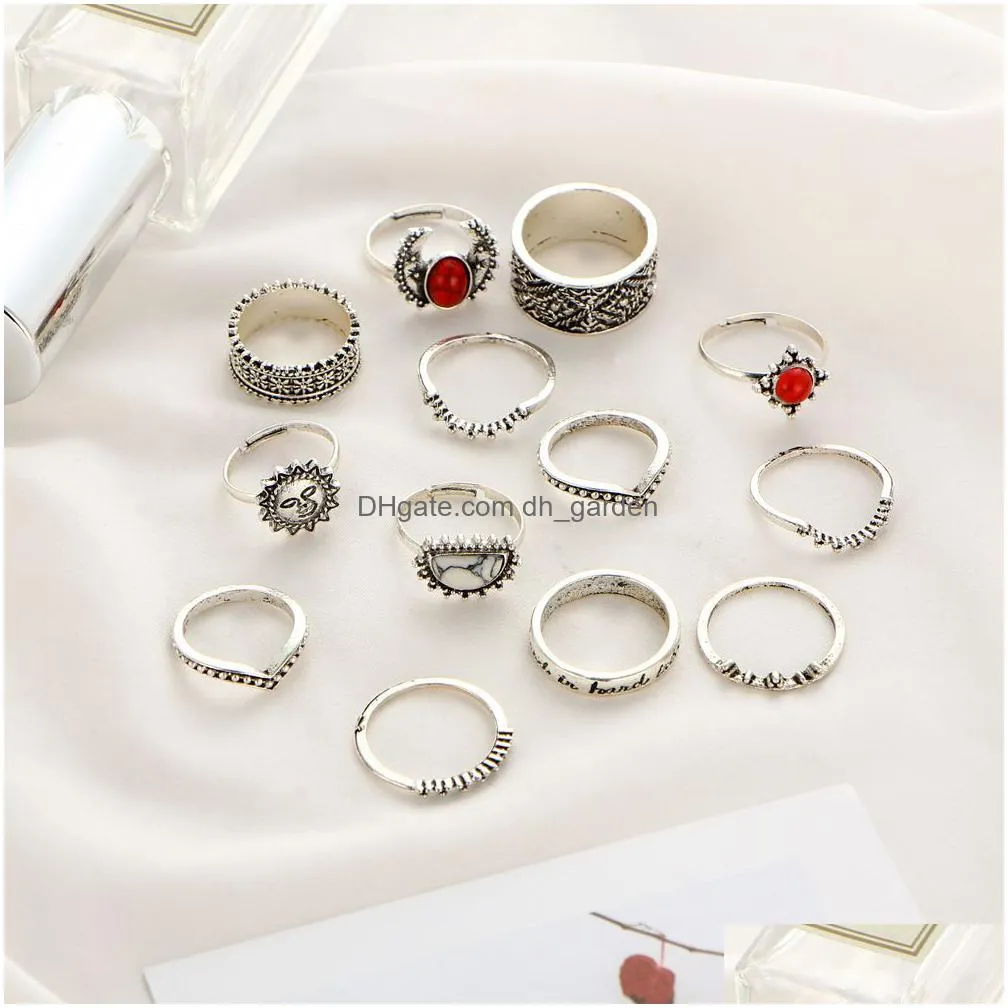 fashion jewelry joint ring set 14pcs/set engraved bohemian vintage punk antique silvercolor sun face finger rings for women wholesale