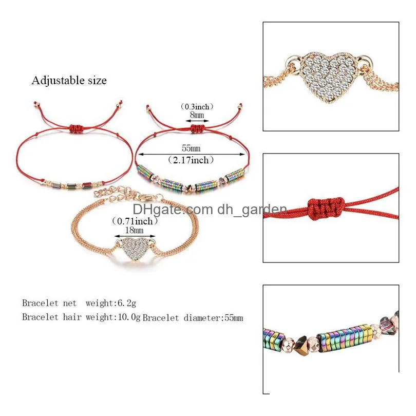 trendy transmit love 3pcs/lot wax bracelet for woman natural stone crystal rice beads woven bracelet with heart shape charm wholesale
