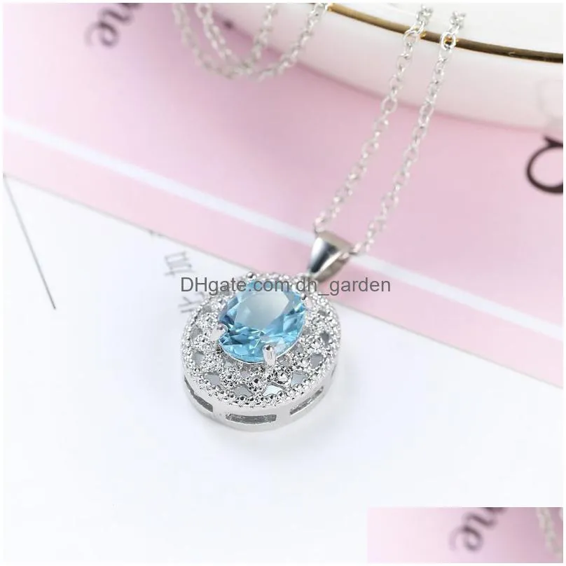  sterling silver blue crystal rhinestone pendant necklace simulated gemstone pendant necklace for women girls wholesale