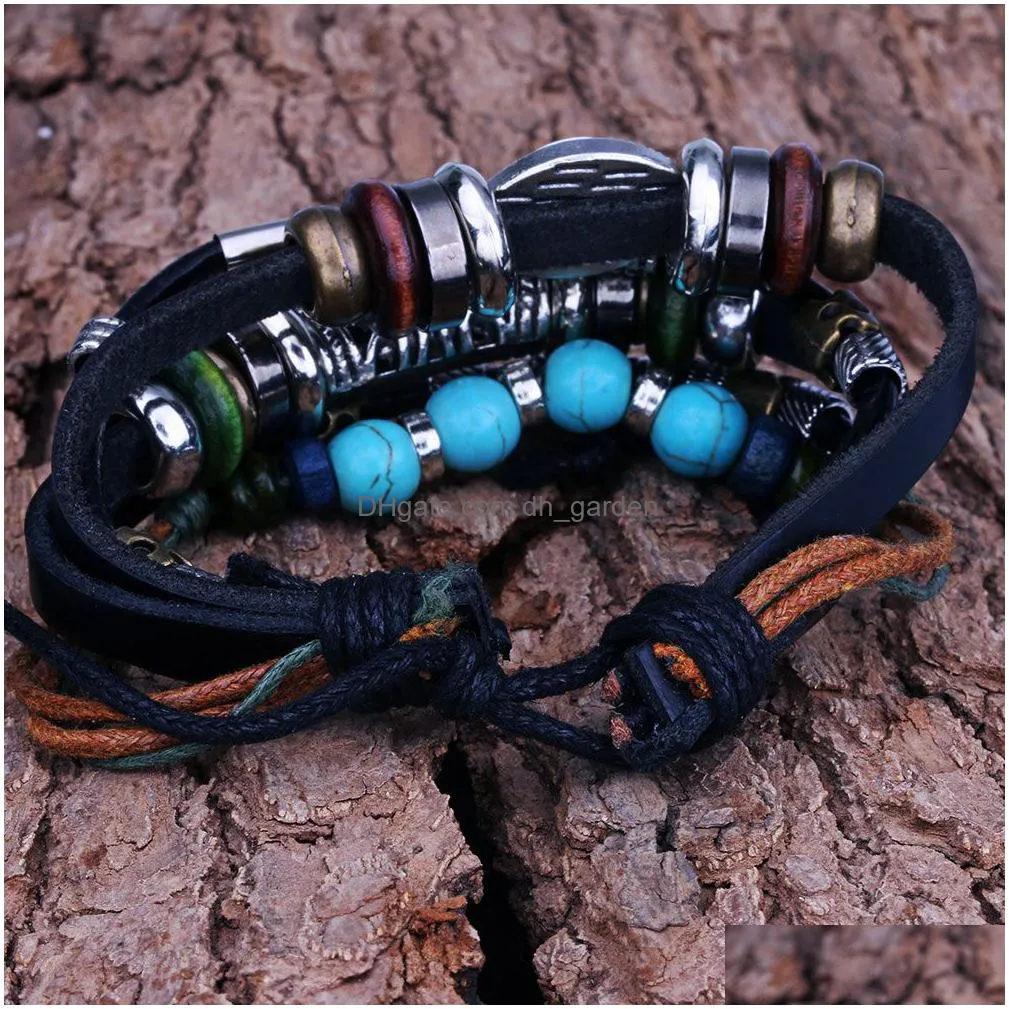 vintage multilayer leather rope bracelet men fashion braided handmade lucky eye rope wrap bracelets bangles male gift wholesale