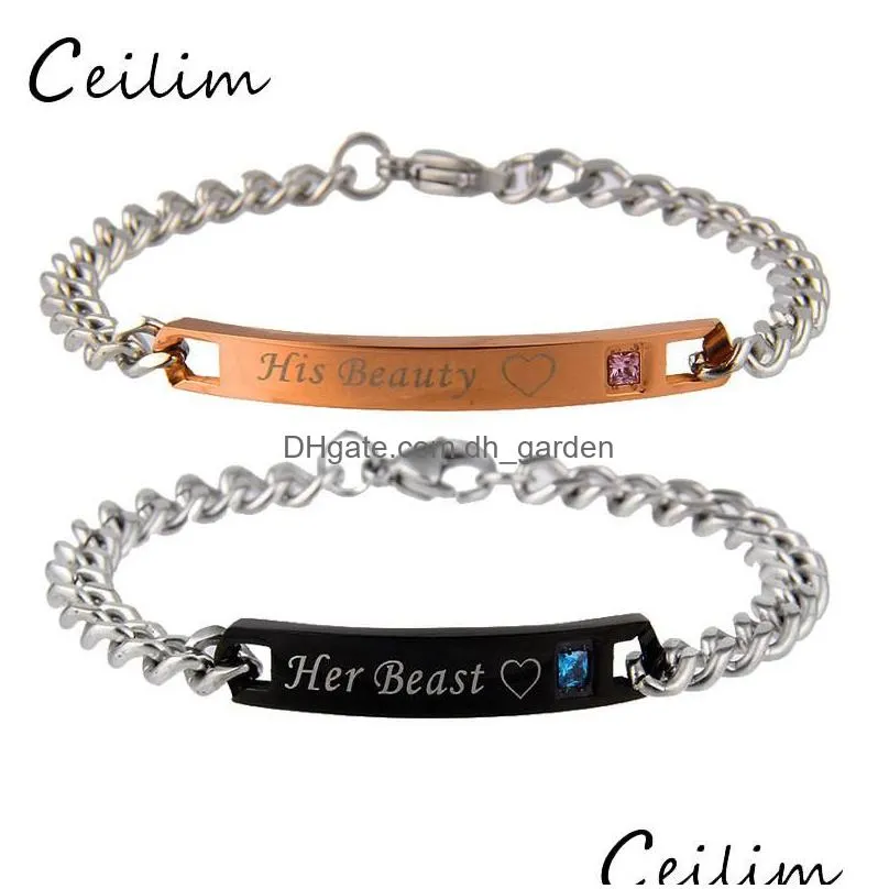 stainless steel couple bracelet for women men his queen her king lover charm bracelet bangles beauty beast designer jewelry 1pc