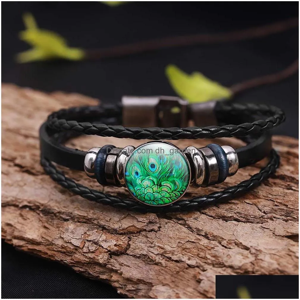 glass metal buckle charm handmade bracelet peacock feather women fashion jewelry black weave multilayer braided leather bracelet