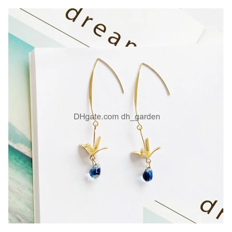 handmade crystal earrings little bird blue water drop long dangle earring with paper crane charm 2019 korean fashion wholesale