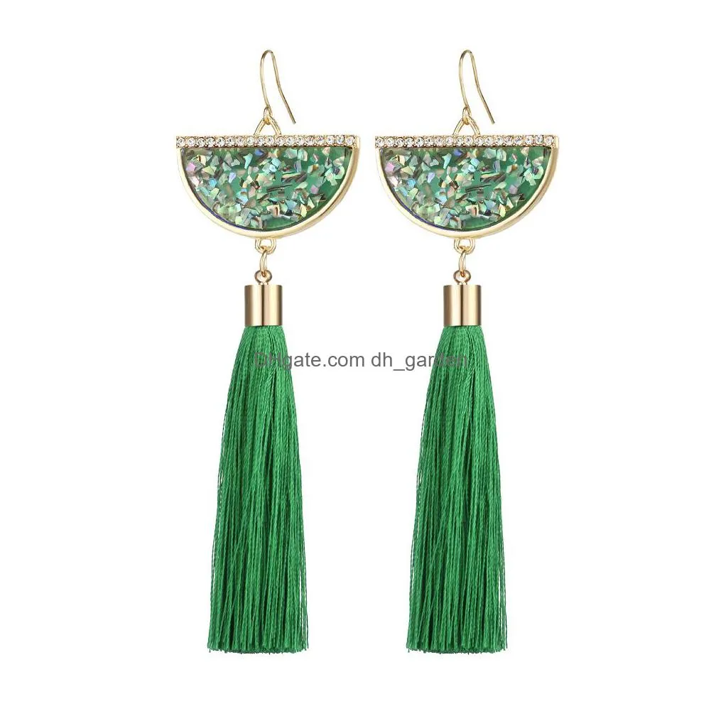 new bohemian crystal tassel earrings black white blue red green silk fabric long drop dangle tassels earrings for women jewelry gifts