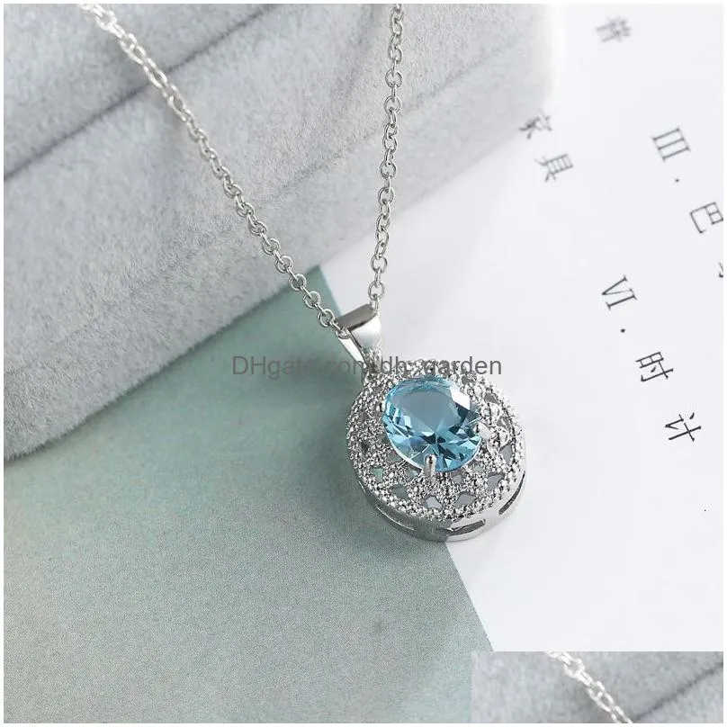 sterling silver blue crystal rhinestone pendant necklace simulated gemstone pendant necklace for women girls wholesale