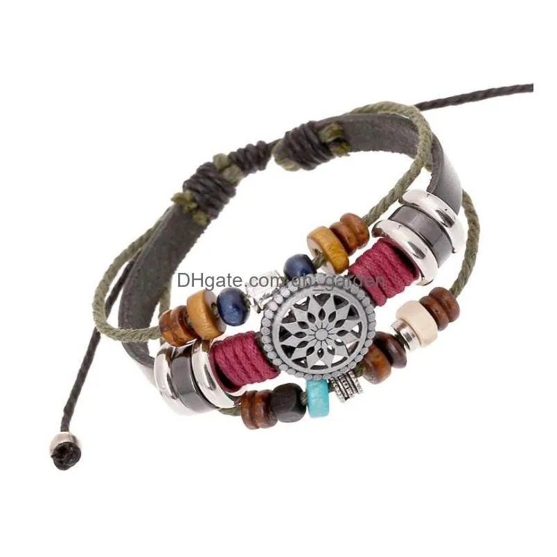 trendy multilayer leather bracelet sun charms beads braided bracelets for men women vintage punk wrap wristband jewelry wholesale