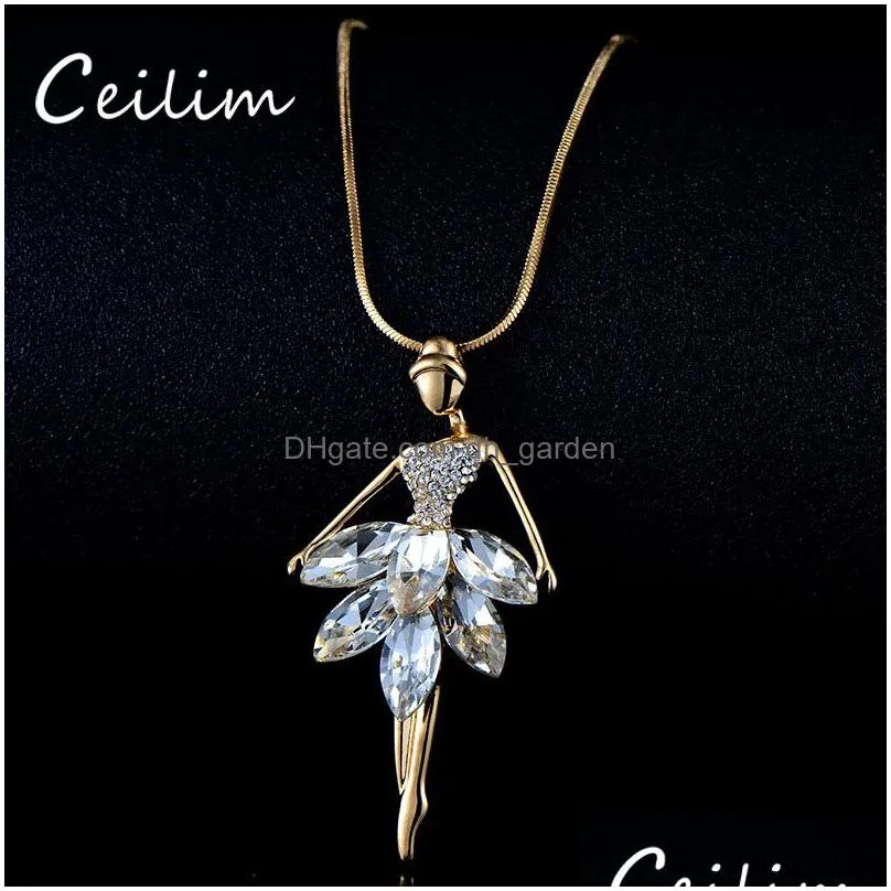 fashion ballet girls dancer pendant necklace crystal rhinestone charms ballerina necklace long chain statement jewelry christmas