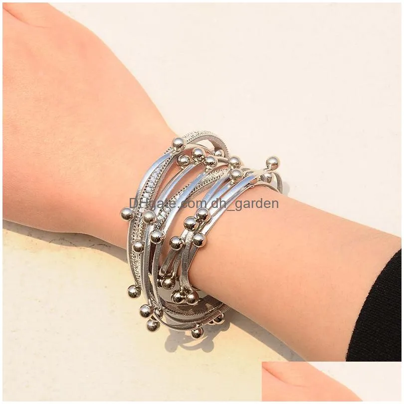 casual personalized multilayer bead leather bracelets bangles wrap adjustable bracelet wristbands alloy bracelet with magnetic clasp