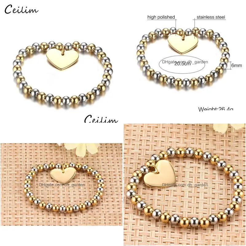 fashion gold silver 6mm bead bracelet for women with heart shape charm pendant barcelet stainless steel jewelry gift wholesaler