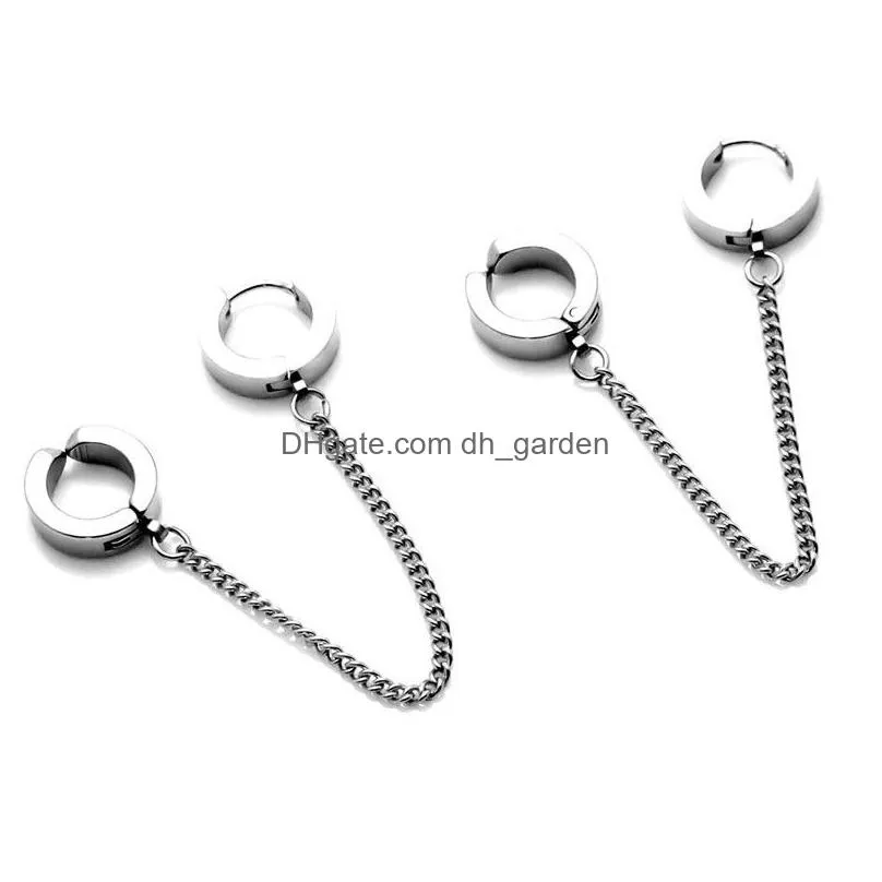 1 piece punk stainless steel circle clip on earrings hoop earrings with long chain silver color unique fashion jewelry