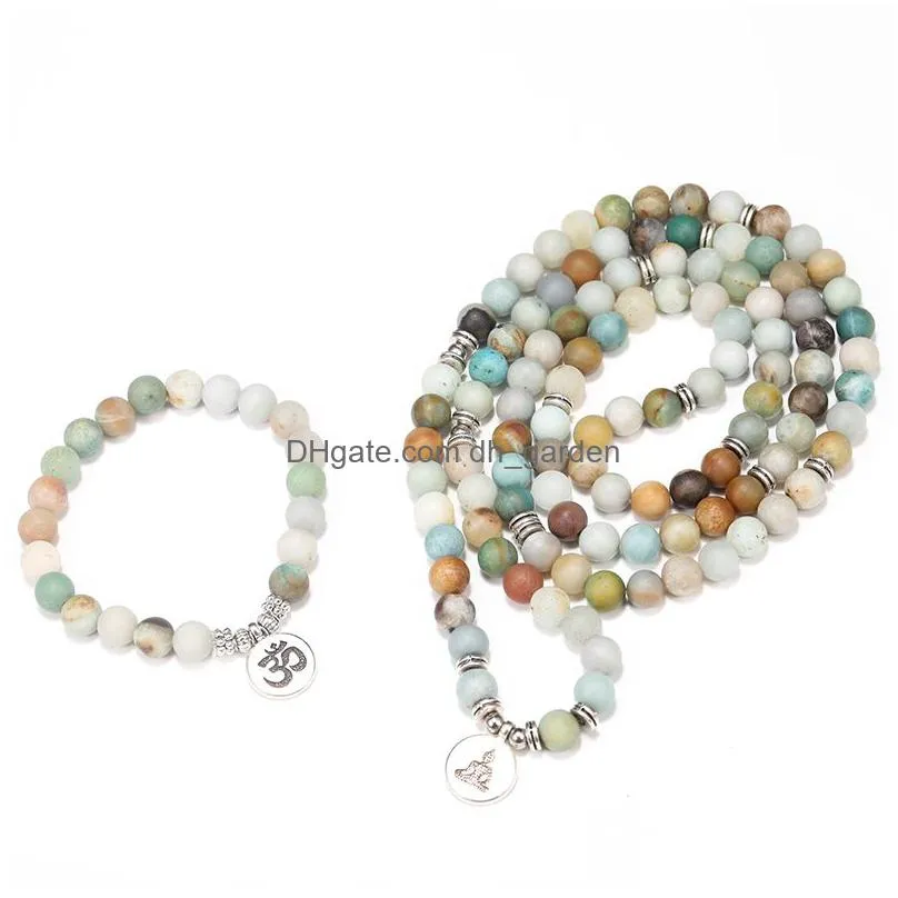 8mm matte amazonite stone strand bracelet yoga chakra mala bracelet om lotus women men beaded charm bracelets handmade jewelry