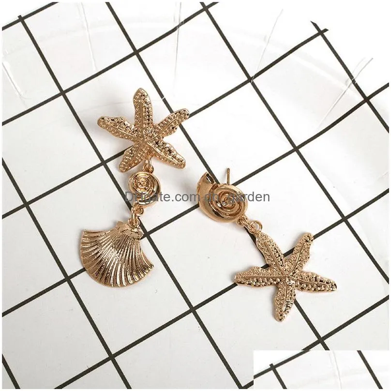bohemian asymmetry shell dangle drop earrings for women party statement starfish shell earrings gold color metal summer bride jewelry