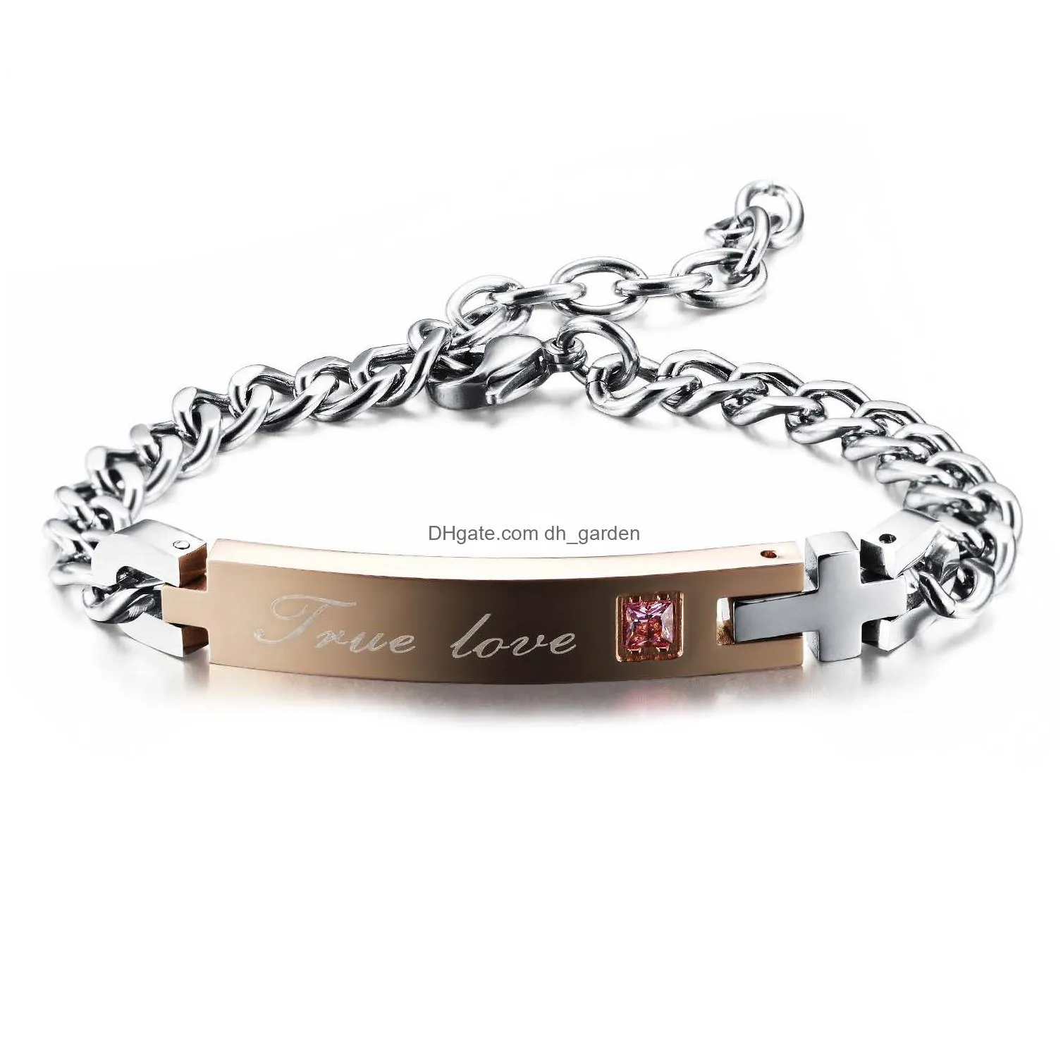 316l stainless steel true love couple bracelet with crystal valentines gift romantic mens bracelets cross charm for women men jewelry