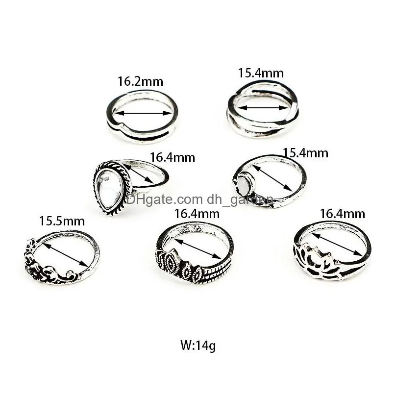 7pcs/set new arrival flower gemstone carved ring set antique silver plated vintage bohemian turkish fashion women accessories