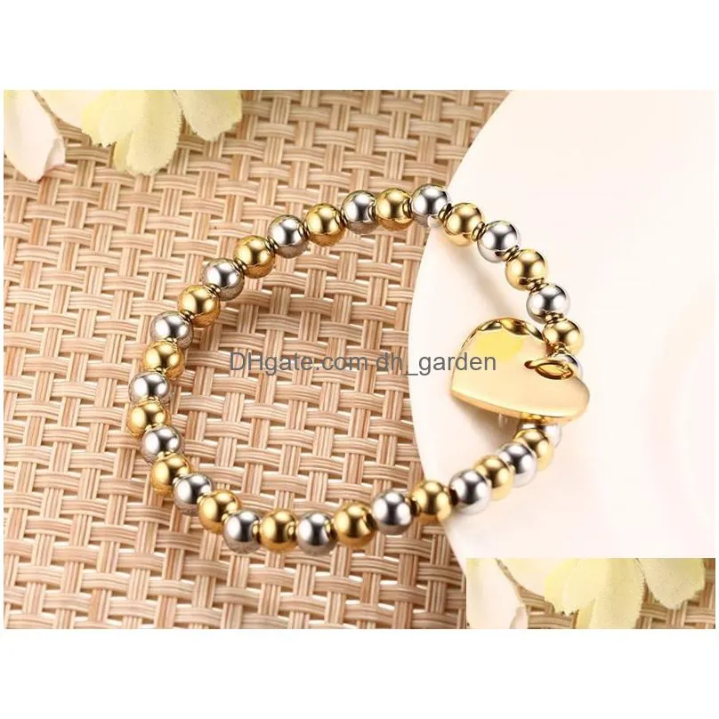 fashion gold silver 6mm bead bracelet for women with heart shape charm pendant barcelet stainless steel jewelry gift wholesaler