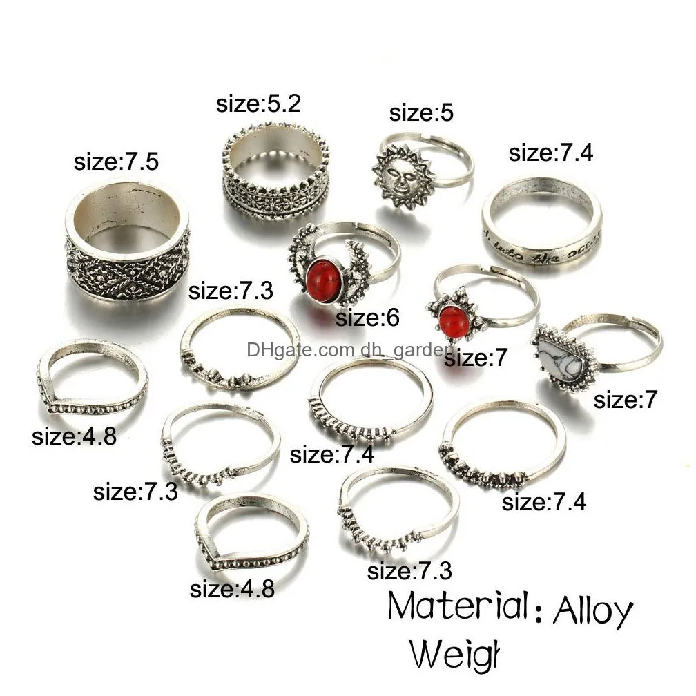 fashion jewelry joint ring set 14pcs/set engraved bohemian vintage punk antique silvercolor sun face finger rings for women wholesale