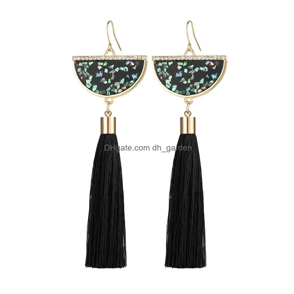 new bohemian crystal tassel earrings black white blue red green silk fabric long drop dangle tassels earrings for women jewelry gifts