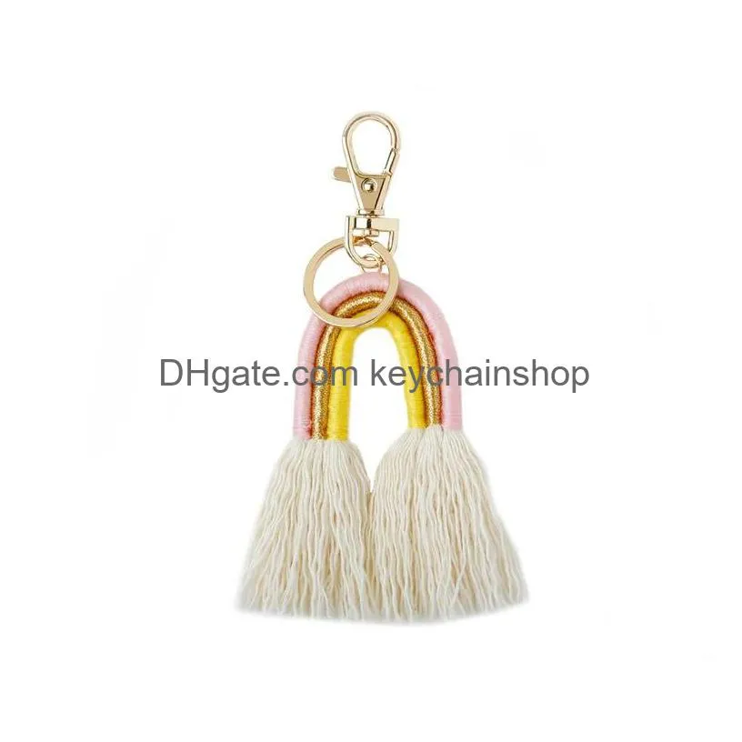 weaving rainbow keychains for women handmade key holder macrame bag charm car hanging jewelry gifts