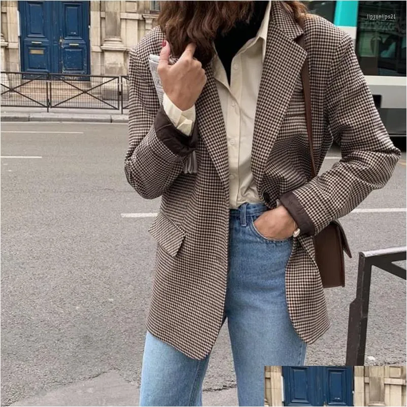 womens suits vintage women blazer houndstooth plaid long sleeve coat 2022 autumn elegant chic cardigan loose suit jacket female work