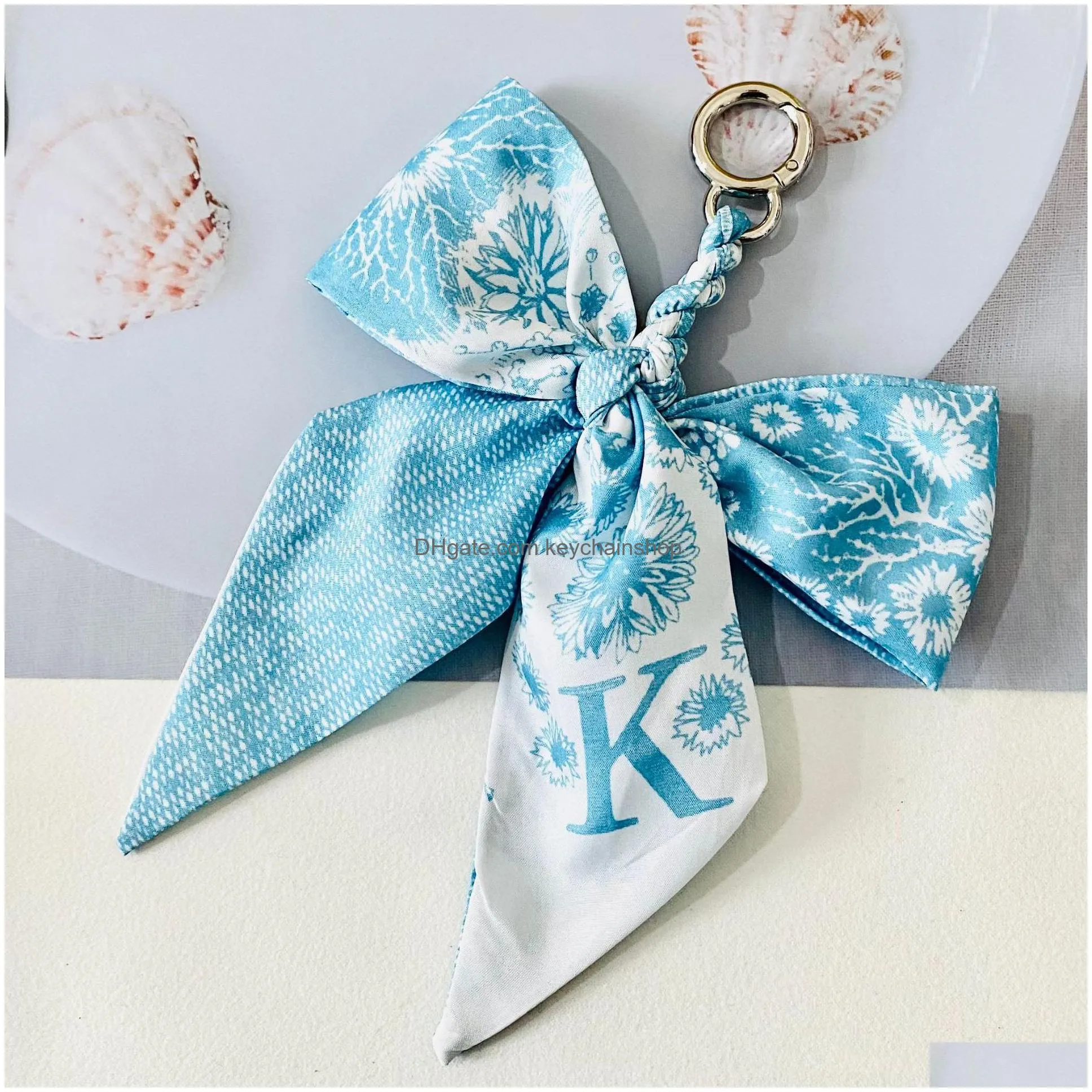 new alphabet silk scarf key chain bow keychain creative party fvaor fashion car keyring creative ladies bag pendant