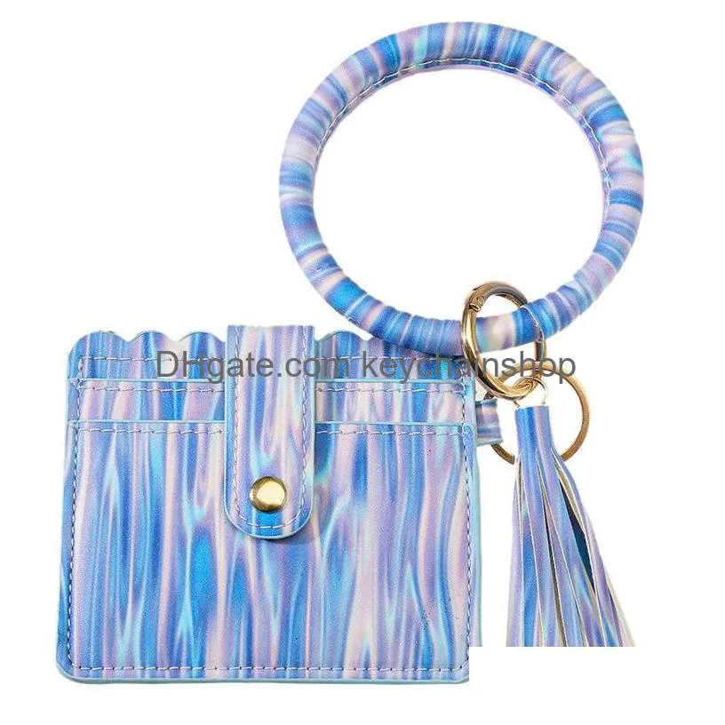 pu leather card bag keychains party bracelet keychain wallet with tassels string bangle key ring holder wristlet handbag