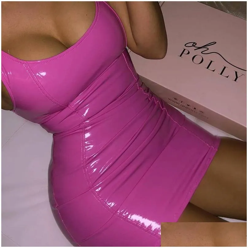 sexy pink pu leather bodycon dress summer women sleeveless low cut back zipper elastic mini party club dresses vestido
