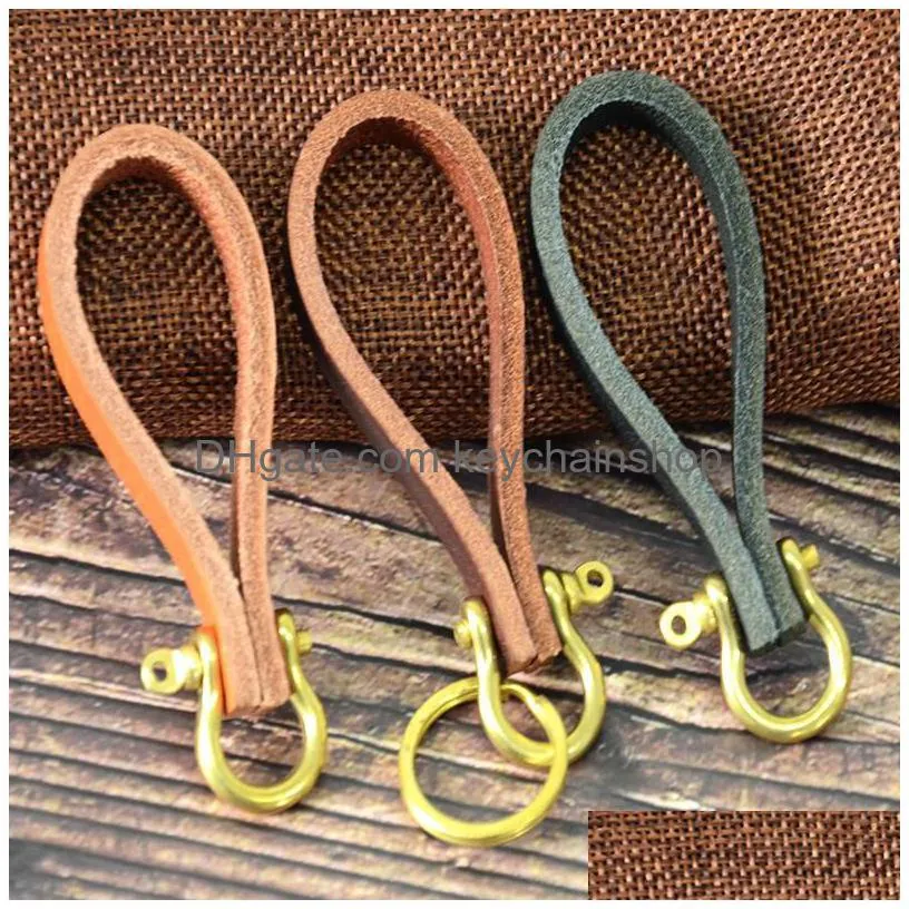 vintage brown leather keychain solid color brass key chain party fashion tortoise crack decorative hook