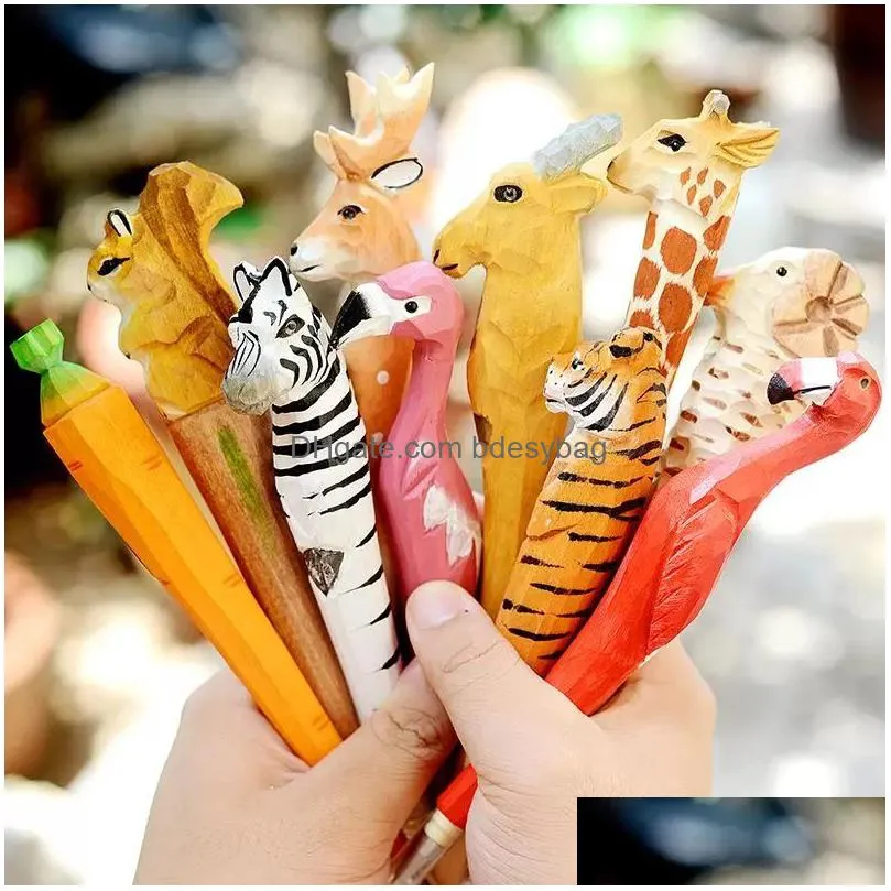 200pcs lot animal wooden carving creative ballpoint pen wood ball point pens handmade sculpture student ballpoint