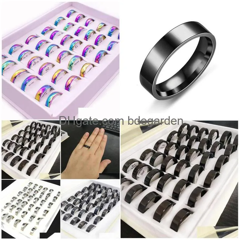 band rings 36 pieces mix size black stainless steel rings men jewelry width 6mm round simple black statement rings for women jewelry